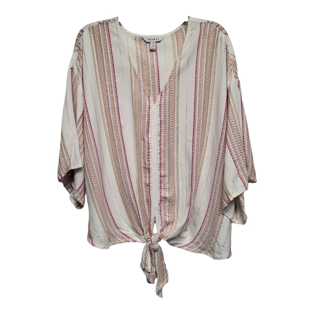 Tribal Boxy Tie Front Dolman Sleeve Blouse in Tan, Pink & Orange - Size XL
